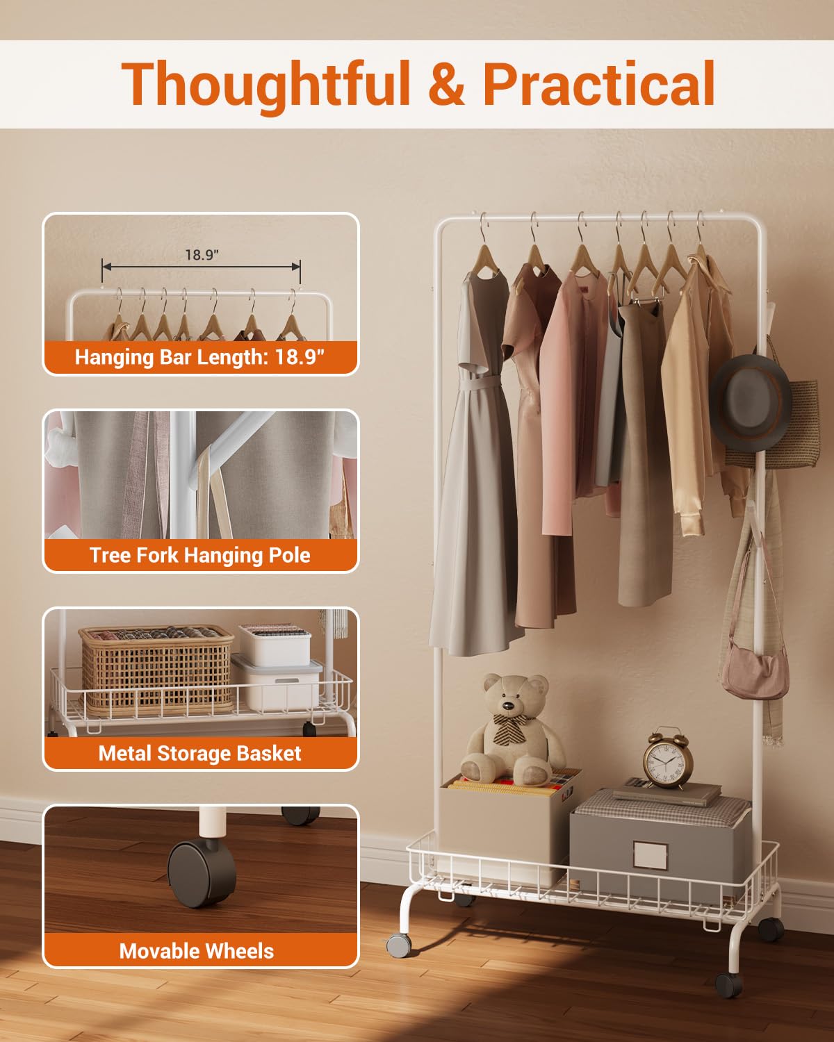 Appendiabiti Garvee con ruote, cestino in metallo, mobile per camera da letto e soggiorno, bianco, resistente