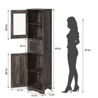 Mobiletto da bagno alto e sottile Garvee con ante, ripiani regolabili, MDF, design retrò in vetro, rovere scuro per piccoli spazi e soggiorni