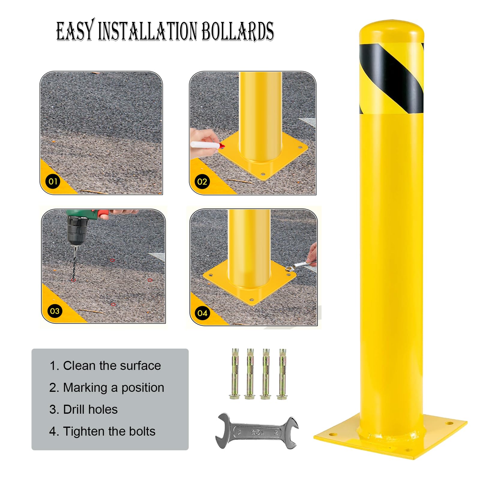 Paletto di sicurezza Garvee da 36 pollici in acciaio, diametro 4.5 pollici, giallo riflettente per controllare il traffico su eventuali parcheggi