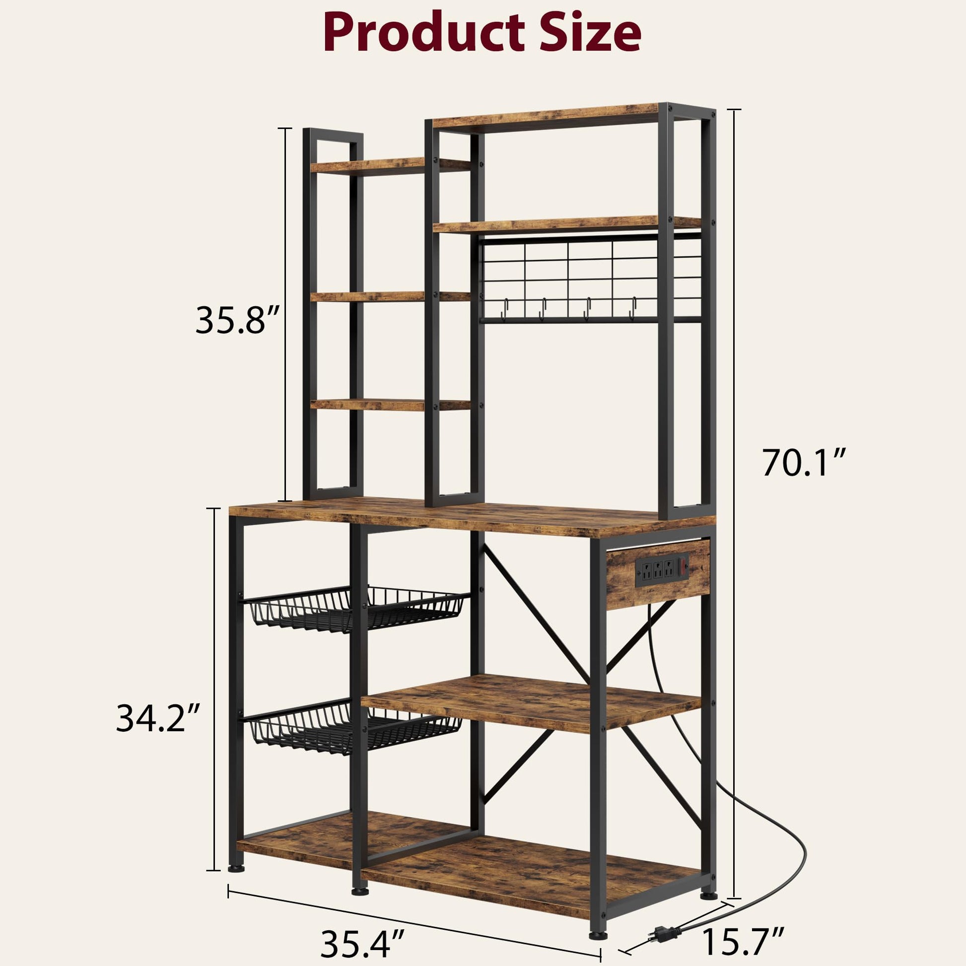 Garvee Bakers Rack con prese di corrente, supporto per microonde a 7 livelli, struttura in metallo, ripiani in legno, 35,41" x 15,71" x 70,12", versatile e stabile