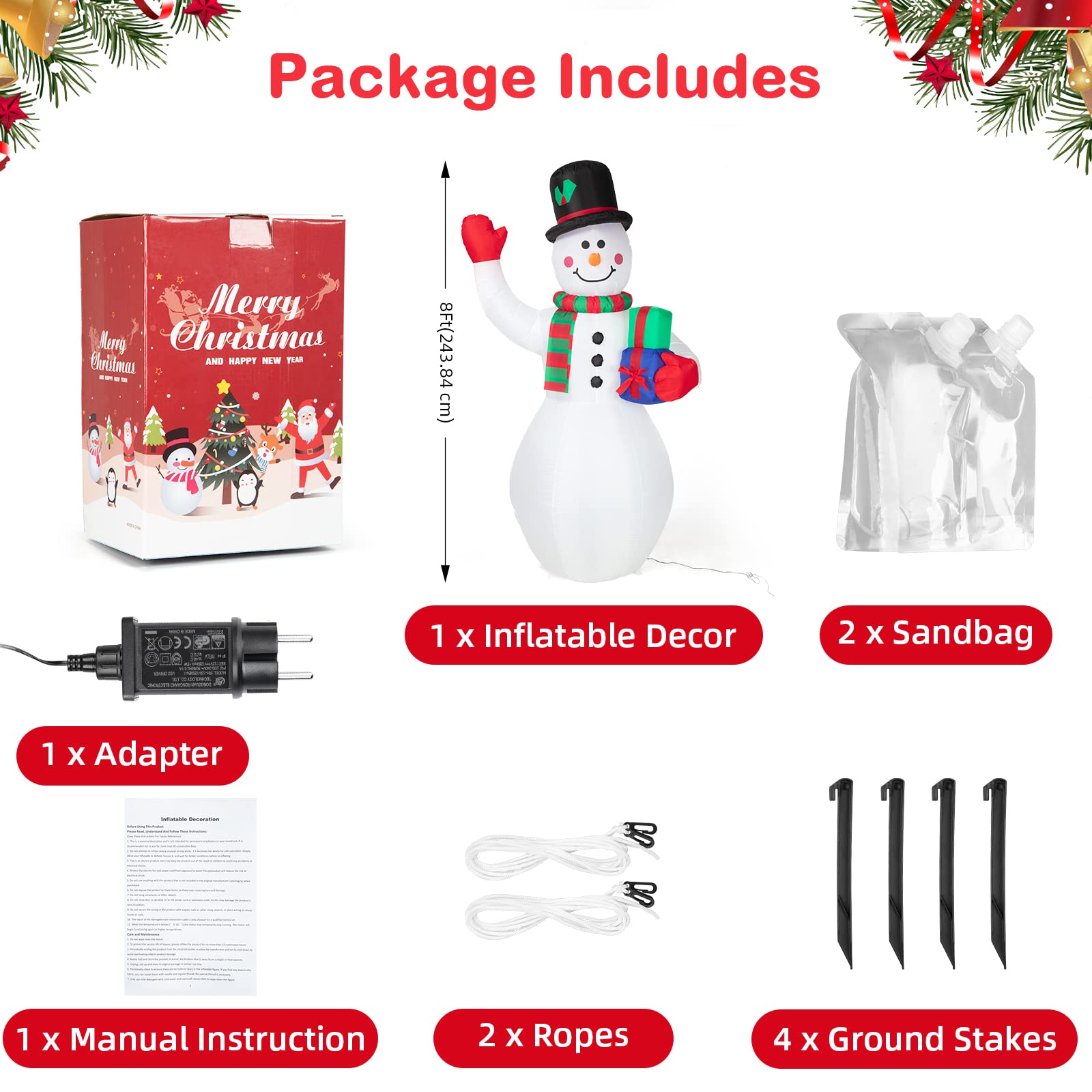 Garvee Pupazzo di neve gonfiabile 240 cm con luce rotante a LED Decorazione natalizia colorata impermeabile da giardino