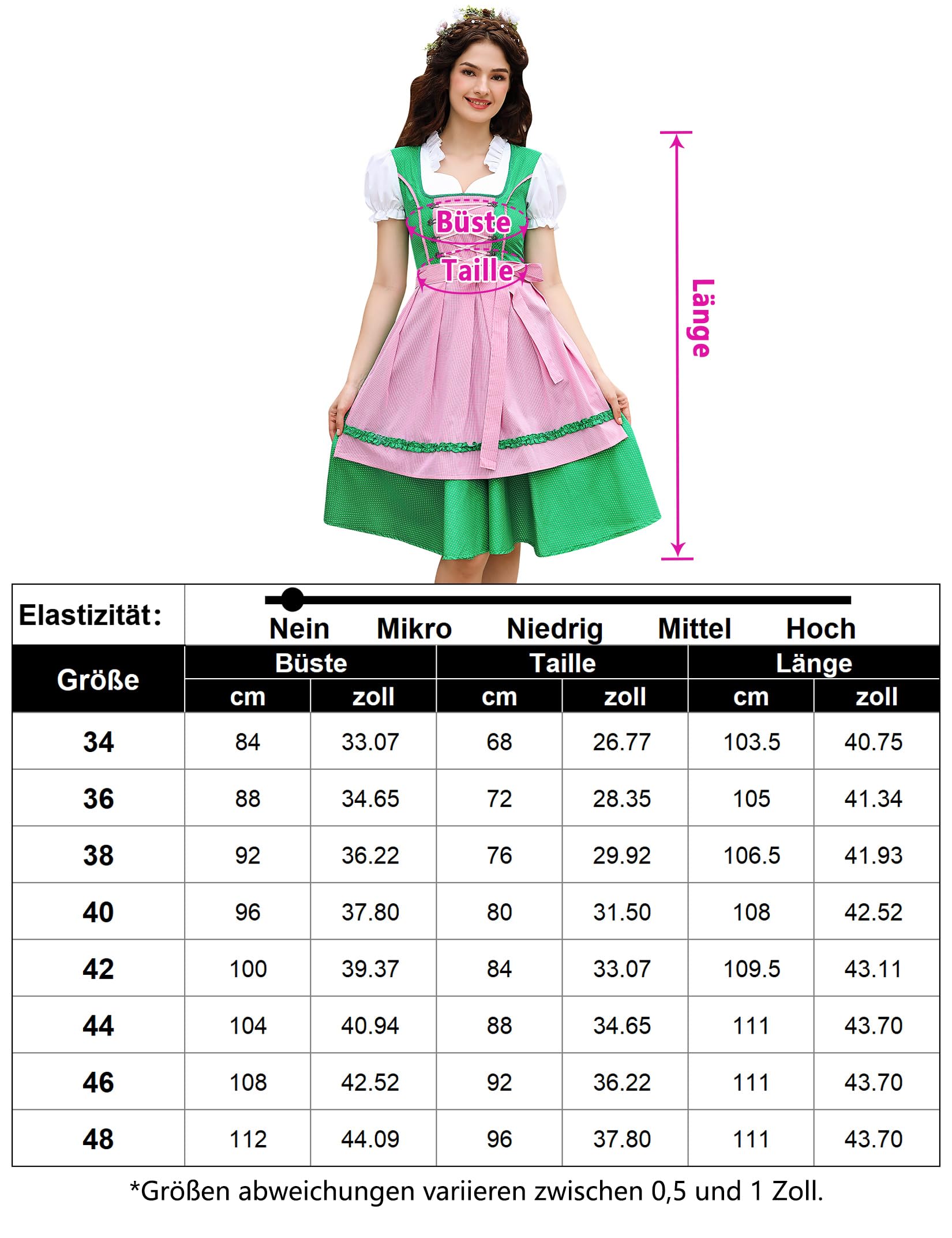Garvee - Completo da donna in stile Dirndl midi, 2 pezzi, con abito e grembiule Dirndl per l'Oktoberfest, taglie 34-48, confezione riutilizzabile