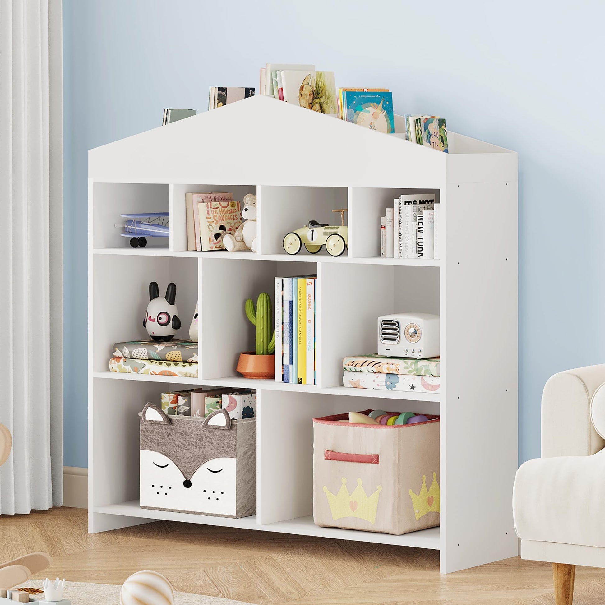 Garvee Libreria per Bambini con 9 Cubi di Stoccaggio, Organizer Giocattoli, Design a Casetta, Legno Robusto, Antiribaltamento, Facile da Pulire, per Cameretta e Asilo, 39.4x40.7x11.8 Pollici, Naturale