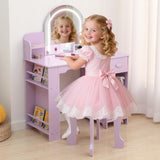 Tavolo da toeletta per bambini Garvee con luce LED e sgabello, regolabile, MDF, viola, per bambine dai 3 ai 9 anni, sala giochi - Viola
