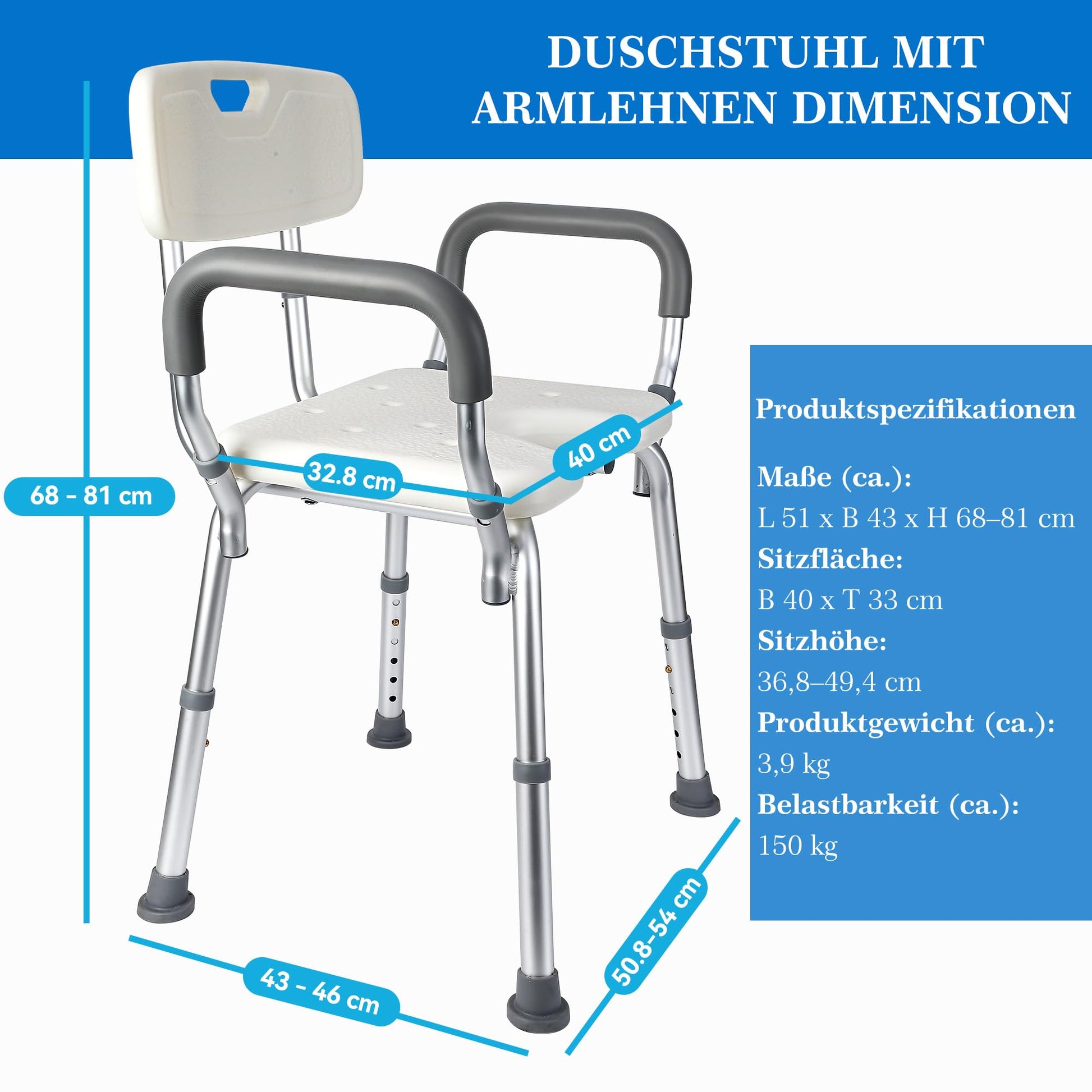 Sedia da doccia Garvee con braccioli e schienale – Sedile da doccia regolabile in altezza per anziani (fino a 158 kg), ausilio per la doccia antiscivolo, leggero e stabile – Bianco, montaggio rapido