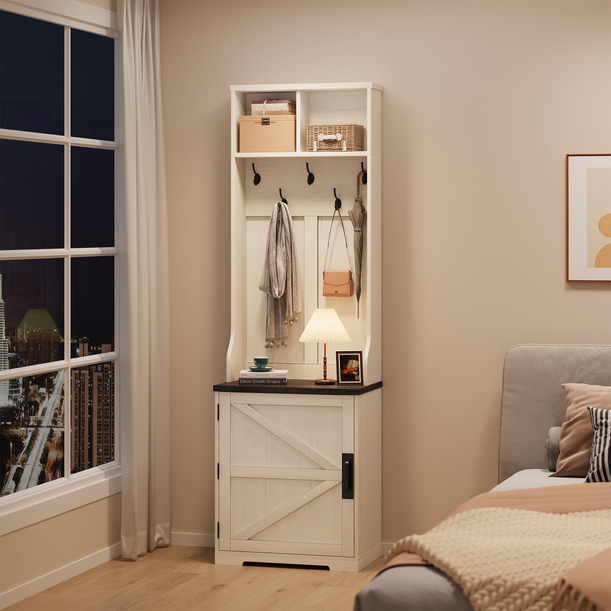 Appendiabiti Garvee Farmhouse 3 in 1 con 6 ganci e panca portascarpe per corridoio e ingresso, MDF, design rustico, spazio di archiviazione, posti a sedere