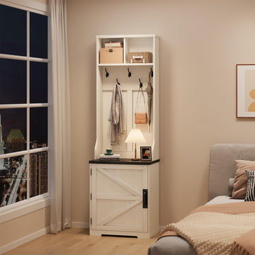 Appendiabiti Garvee Farmhouse 3 in 1 con 6 ganci e panca portascarpe per corridoio e ingresso, MDF, design rustico, spazio di archiviazione, posti a sedere