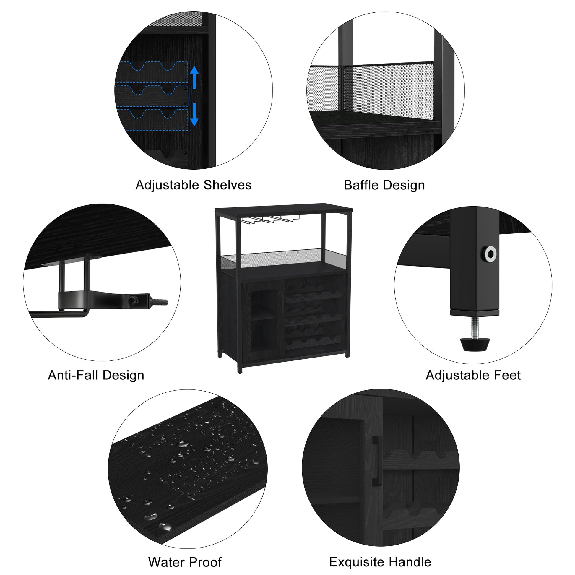 Mobile bar per vino Garvee con luce LED, ripiani regolabili, porta a rete, MDF e metallo, 36 pollici, cucina e sala da pranzo, base stabile, nero