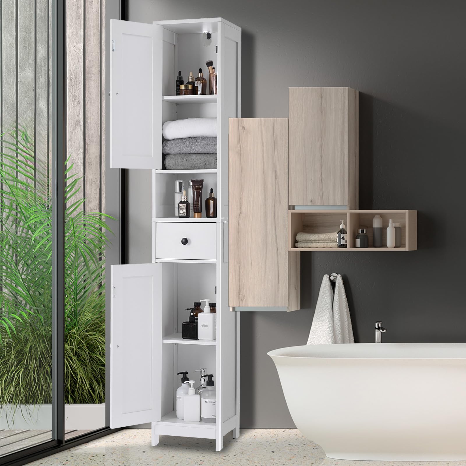 Mobiletto da bagno alto Garvee con 2 ripiani regolabili, autoportante, MDF resistente, design bianco moderno, salvaspazio per bagno e cucina