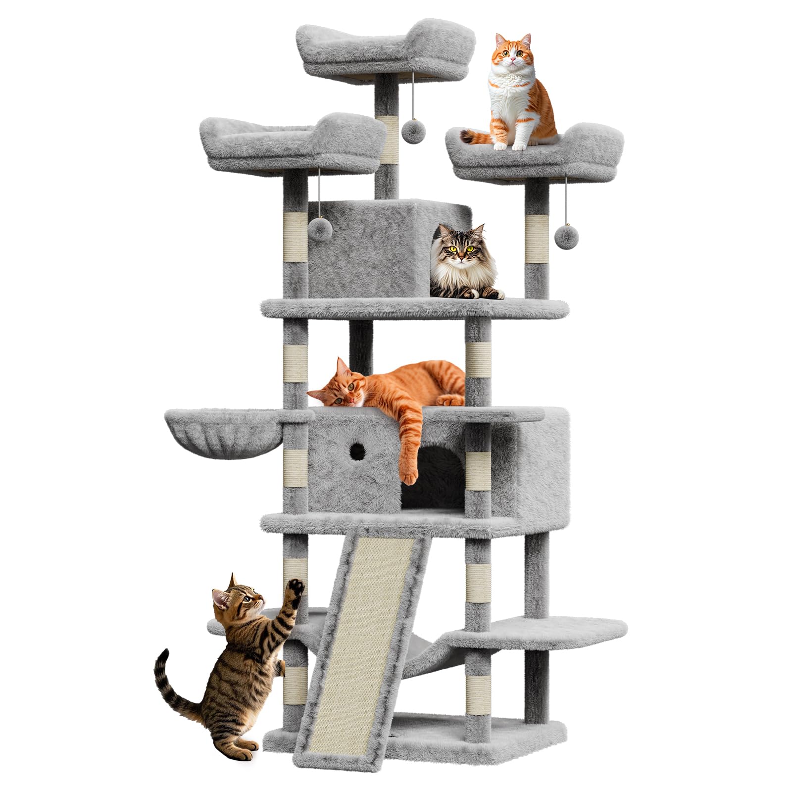 Albero per gatti Garvee Large Multi-Level da 68,5" per gatti di grandi dimensioni, 9 kg+, torre robusta con tiragraffi in sisal e amache, realizzato in legno e peluche per uso interno.