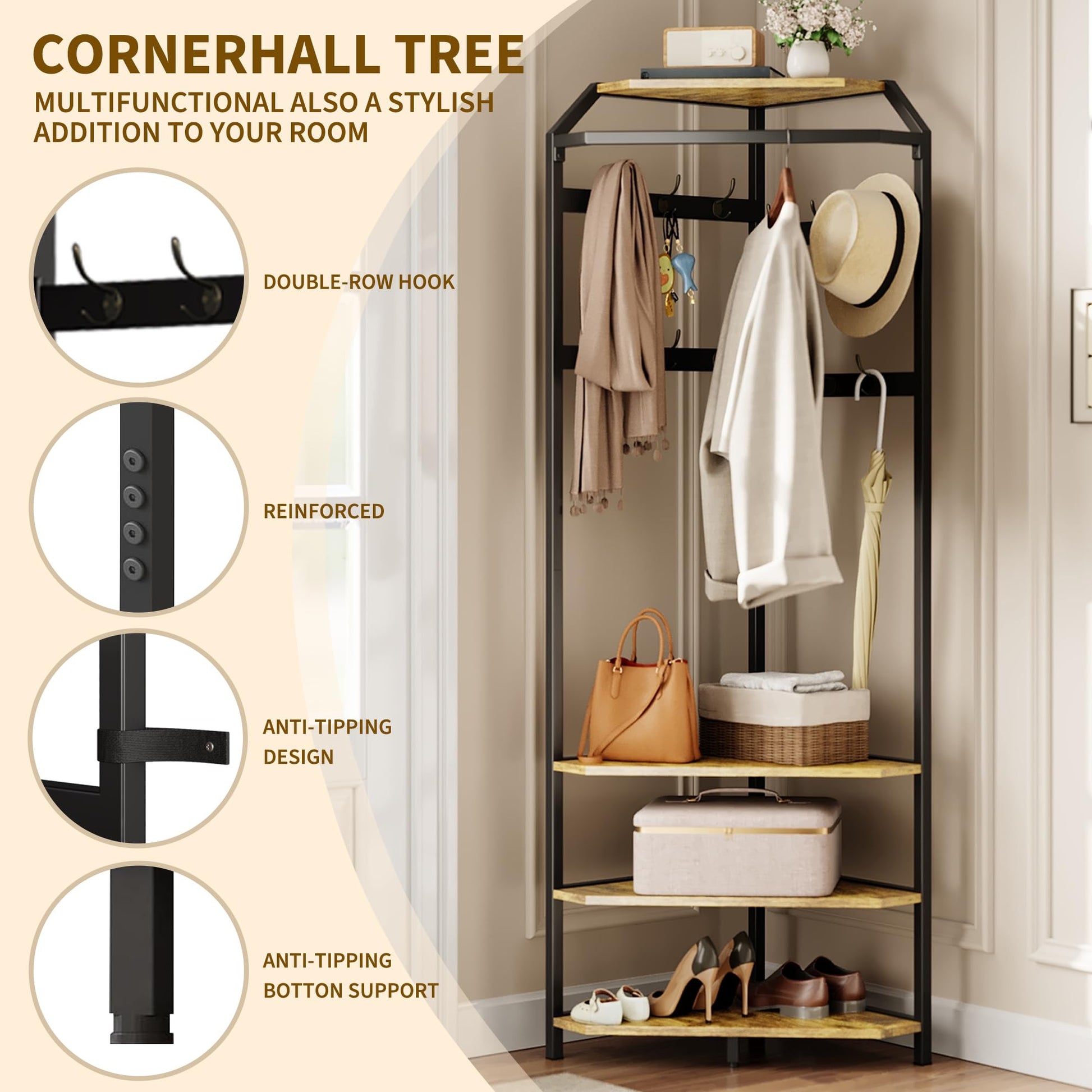 Armadio angolare Garvee con scarpiera e 6 ganci doppi, attaccapanni 3 in 1 per corridoio e ingresso, marrone rustico