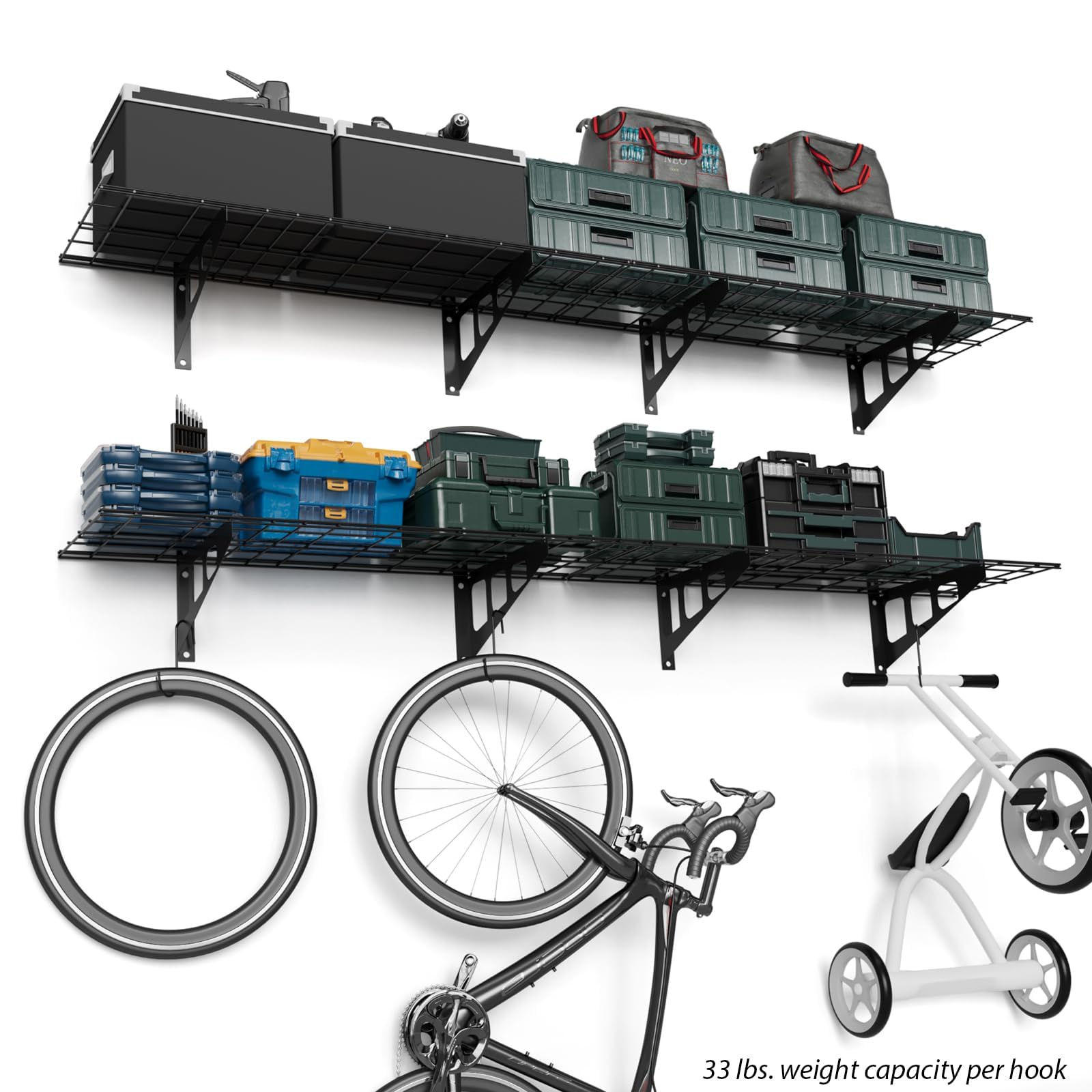 Mensola da parete Garvee da 2 pezzi, 1x6 piedi, in acciaio verniciato a polvere con ganci per officina e magazzino, 72"x12"x6", nera, capacità di carico di 600 libbre