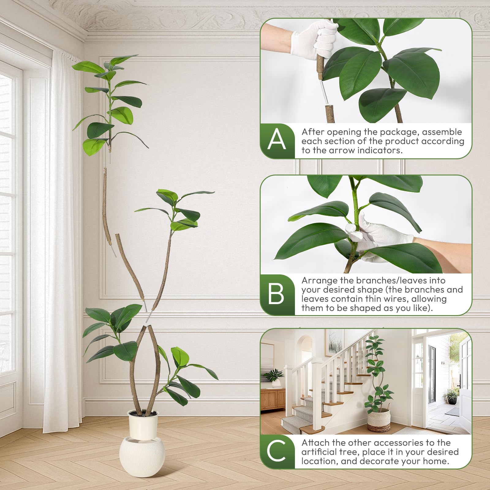 Albero di gomma artificiale Garvee da 6 piedi con fioriera in resina a sfera bianco sporco per soggiorno e ufficio, resistente ai raggi UV, foglie realistiche, durevole, beige