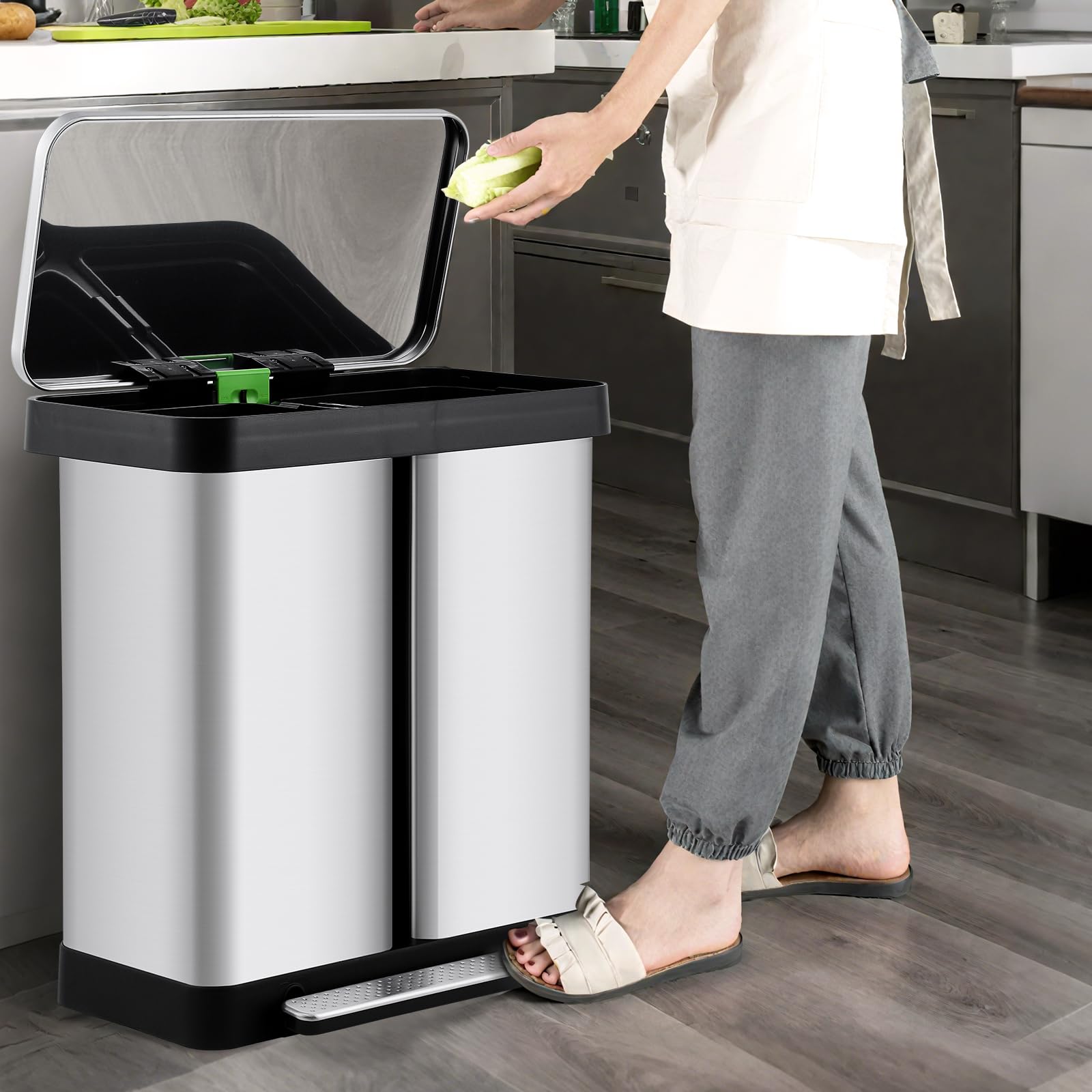 Pattumiera da cucina Garvee 2 x 36L Sistema di separazione dei rifiuti Pattumiera a pedale in acciaio inossidabile Doppio scomparto Senza contatto Basso rumore Argento
