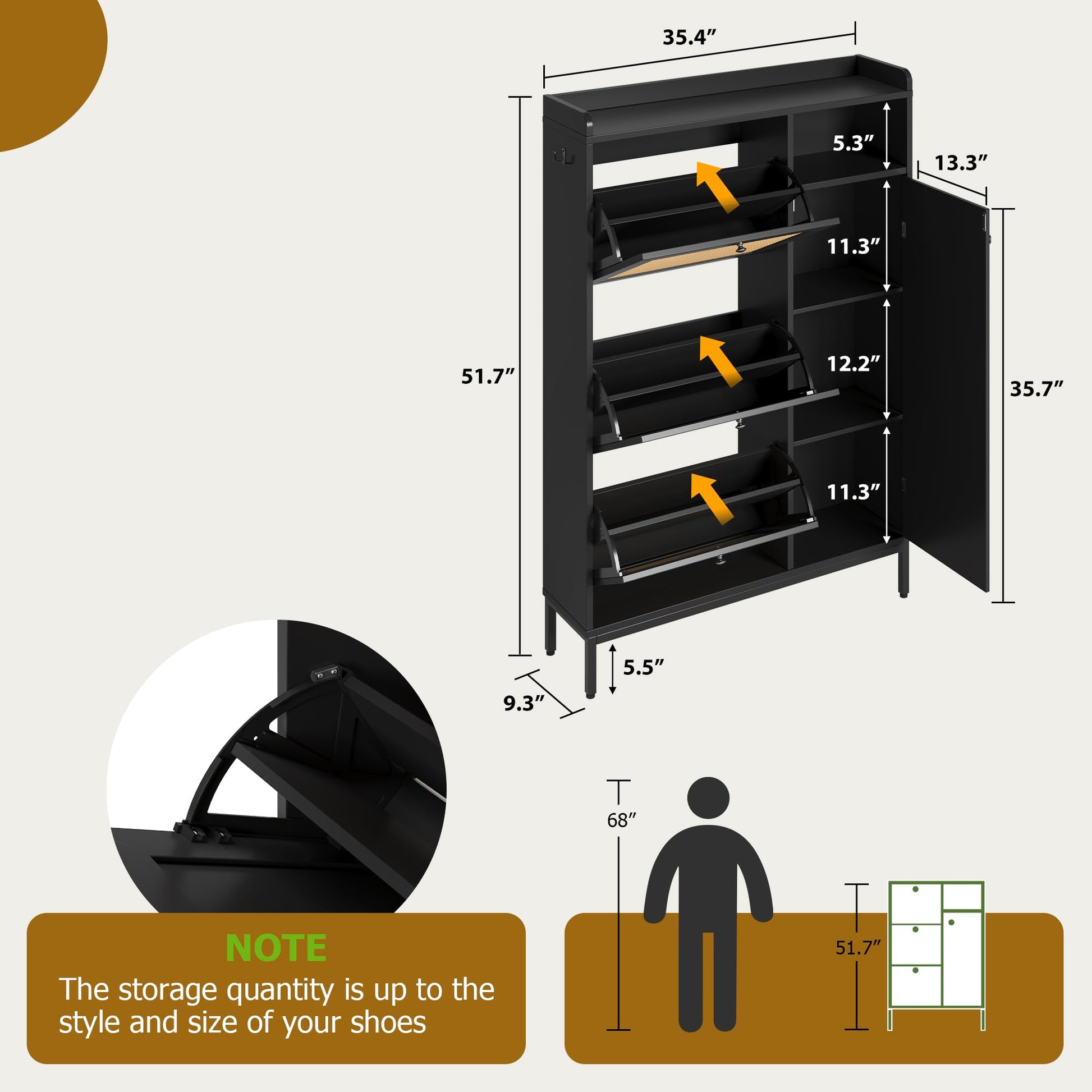Scarpiera in rattan Garvee con 3 cassetti a scomparsa e 4 ripiani per corridoio e camera da letto, gambe in metallo, ripiani regolabili, robusta, grande, colore naturale