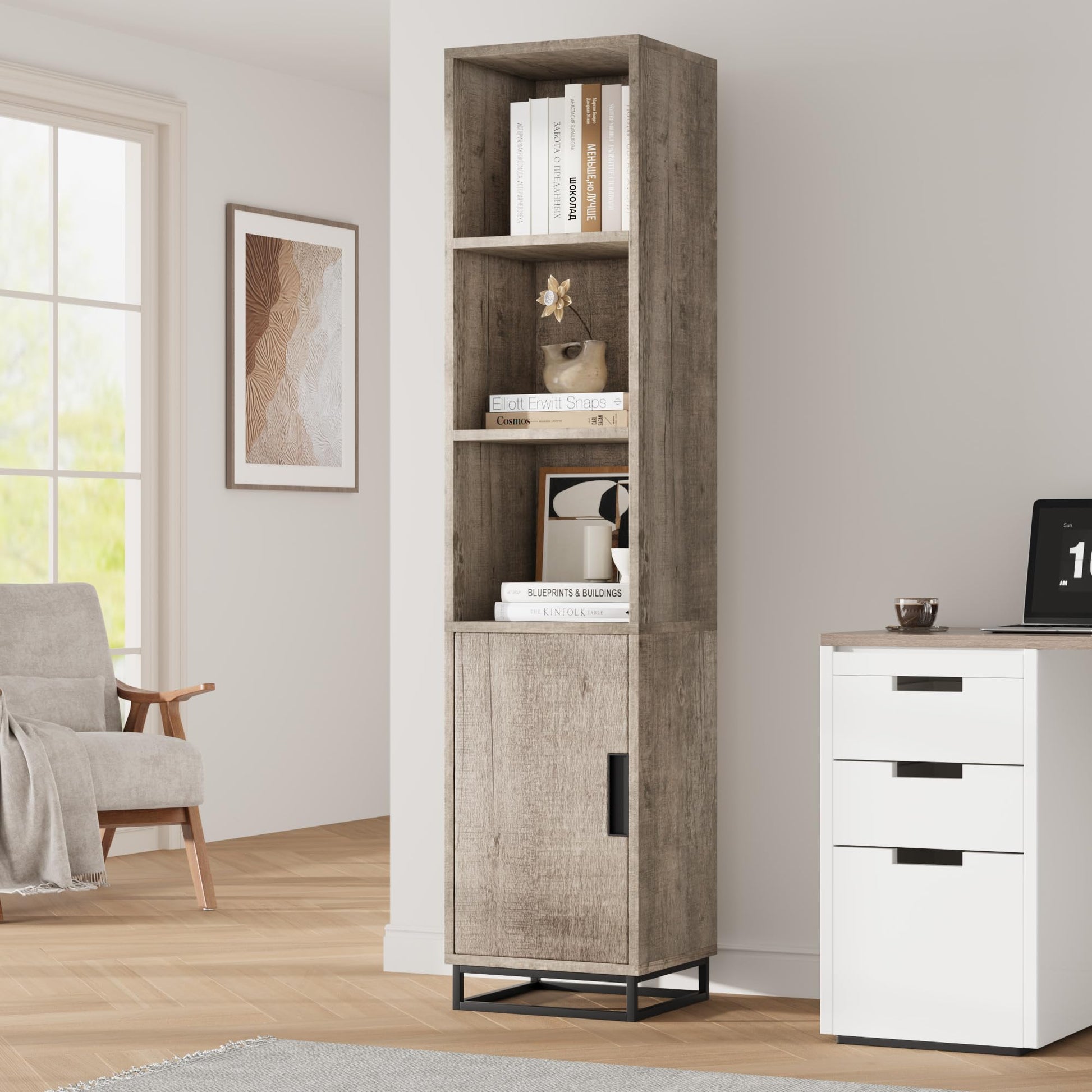 Mobiletto da bagno alto Garvee da 70" stretto con anta, ripiano regolabile, in legno, stile country moderno, nero, per cucina e soggiorno