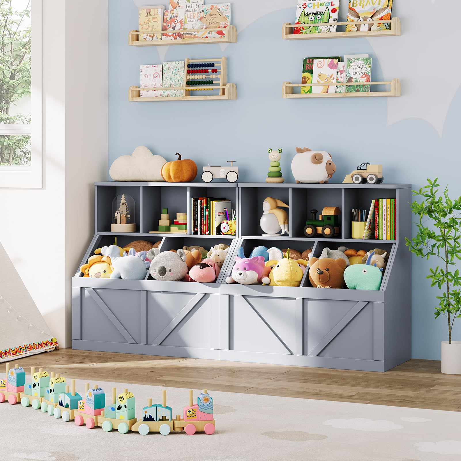 Libreria per bambini e organizer per giocattoli Garvee con 3 ripiani aperti, 2 grandi scatole, grigio per cameretta e sala giochi, robusta, sicura, MDF, 35,4"x16,5"x36,2"
