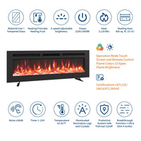 Camino elettrico Garvee, ultrapiatto, da parete, possibilità di installazione a incasso, con telecomando, riscaldatore da 1800 W, 12 colori, timer fino a 12 ore, certificato ETL per 37 m², design moderno, frontale in vetro e aspetto legno/cristallo