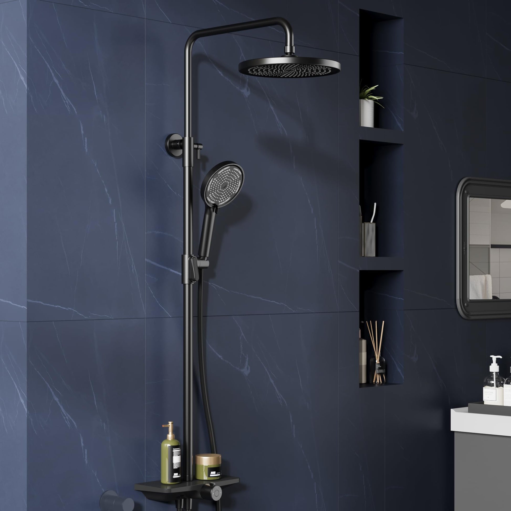 GARVEE Doccia a pioggia senza rubinetto con mensola, sistema doccia regolabile in acciaio inox per doccia, 25 cm nero