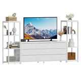 Garvee Mobile TV Stand With 9 Fabric Drawers & 2 Industrial 4-Tier Shelves For Living Room, Supports Up To 75 Inch TV, Wood And Steel, Modern Consolle - White