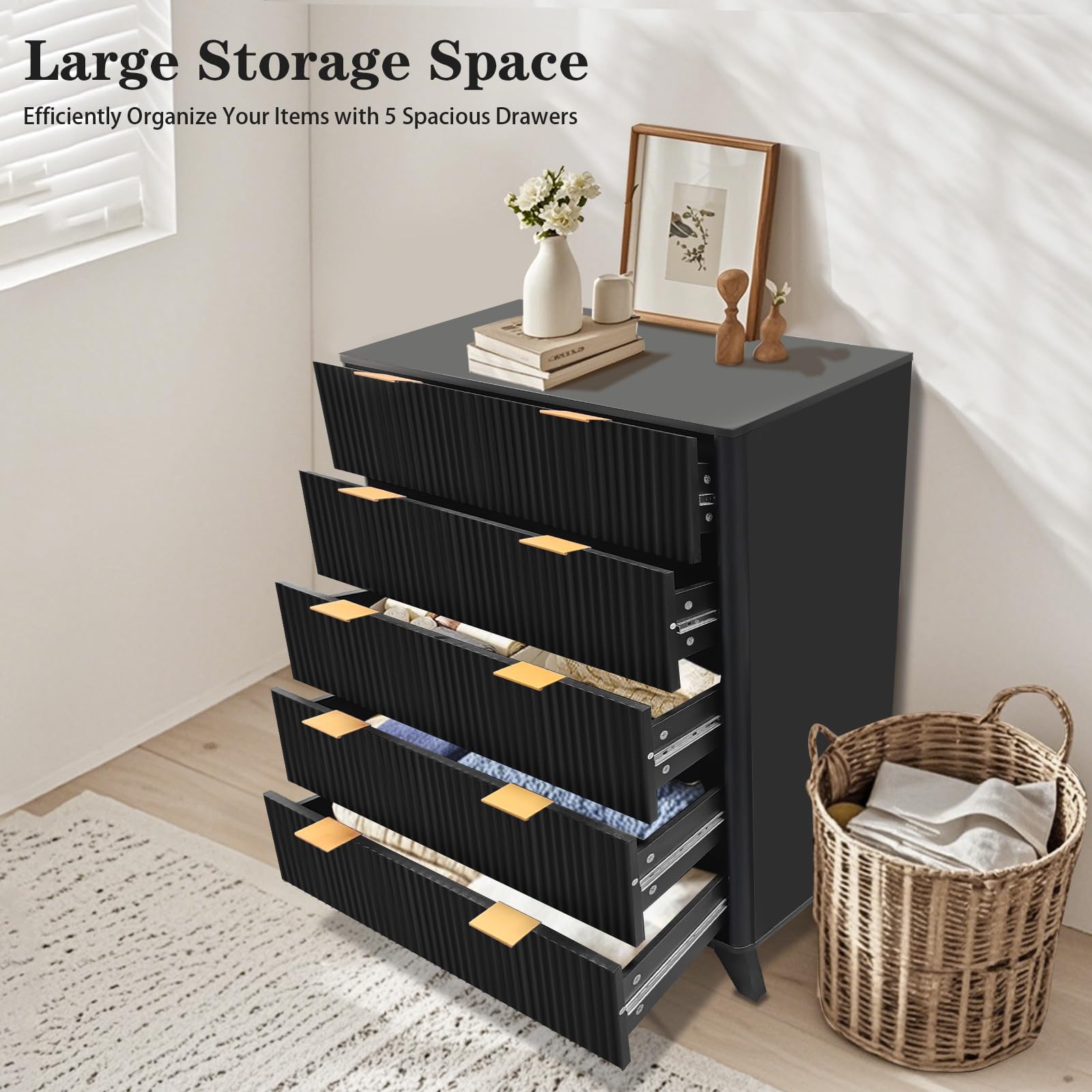 Cassettiera alta in legno Garvee, 5 cassetti, design scanalato, MDF moderno, robusta, per soggiorno, camera da letto, cameretta dei bambini, bianca