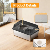 Garvee, grande lettiera per gatti in acciaio inox da 36 litri, semi-chiusa, con tappetino antiscivolo e paletta per lettiera, per famiglie con più gatti, 60x40x27 cm, nera