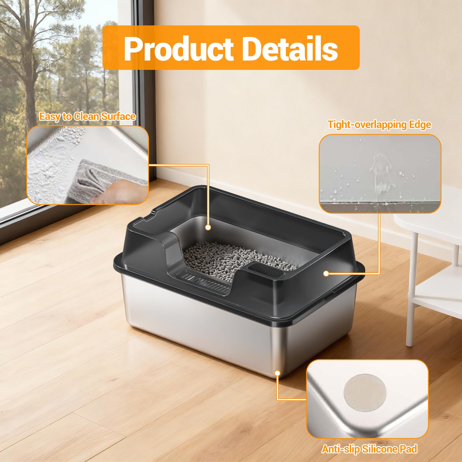 Lettiera per gatti Garvee in acciaio inox di grandi dimensioni, 34 l, semi-chiusa, con tappetino antiscivolo, per famiglie con più gatti, 60 x 40 x 22 cm, nera