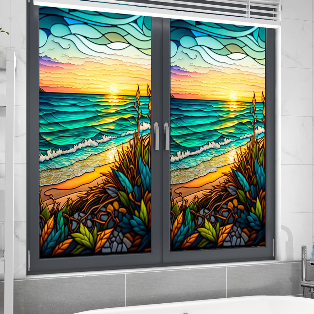 Pellicola per finestre in PVC Garvee 60x100cm motivo tramonto sul mare, protezione UV, isolamento termico, colorata, per finestre residenziali e uffici