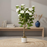 Garvee Albero Artificiale di Camelia 85 cm con 20 Fiori Bianchi, Vaso Bianco Speckled, Foglie PEVA, Decorazione Interni ed Eventi - White