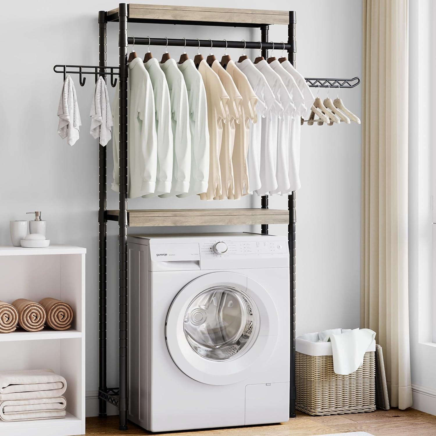 Scaffale per lavanderia Garvee da 30" con stendibiancheria, regolabile, a 4 livelli, in legno e acciaio per lavatrice, bagno e lavanderia, salvaspazio, 28 pollici, colore naturale