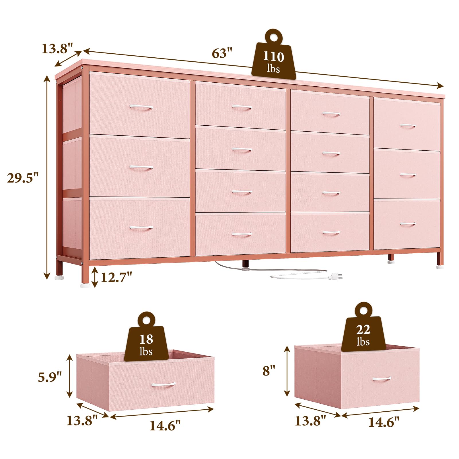 Mobile TV Garvee da 63" per TV da 65-75", 14 cassetti, piano in tessuto e legno, protezione antiribaltamento, camera da letto e soggiorno, resistente e sicuro