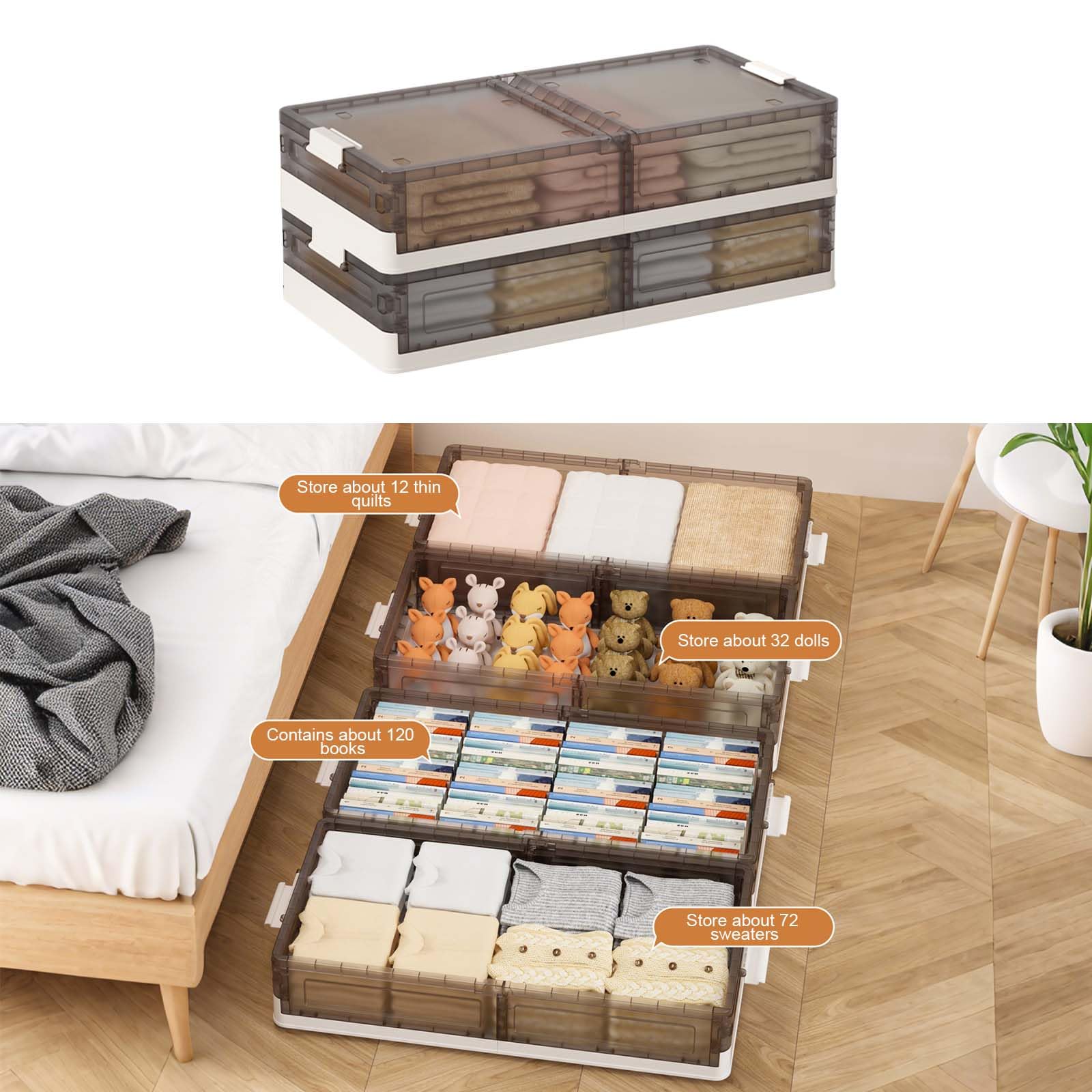 Garvee Set 2 contenitori sottoletto con coperchio, pieghevoli, impilabili, con ruote, trasparenti, per camere da letto e dormitori per studenti, 81x40.5x17.5 cm