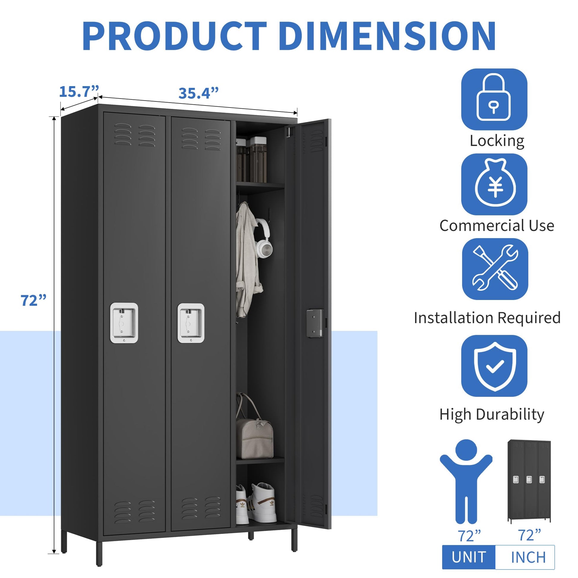 Armadietto per dipendenti Garvee, 3 ante, in metallo con serratura a combinazione, per ufficio e palestra, 72"H x 15,7"W x 35,4"D, grigio