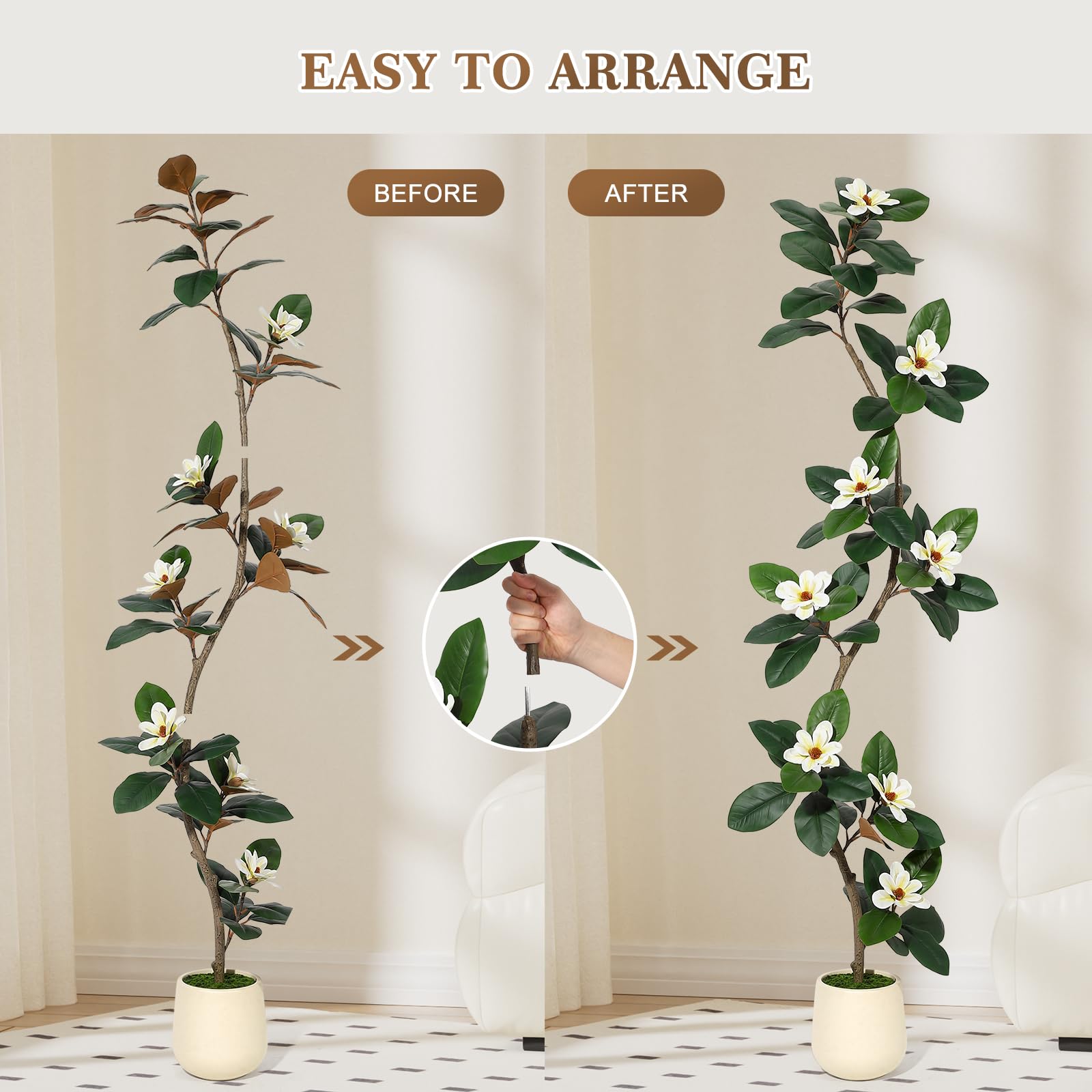 Albero di gomma artificiale Garvee da 2,1 m con 8 fiori di magnolia, fioriera bianca, arredamento per interni, ufficio e casa, resistente, design realistico