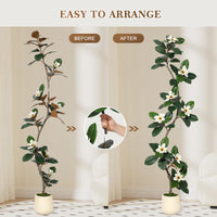 Albero di gomma artificiale Garvee da 2,1 m con 8 fiori di magnolia, fioriera bianca, arredamento per interni, ufficio e casa, resistente, design realistico