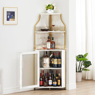 Mobile bar angolare Garvee per liquori con ripiani regolabili, 61 pollici, stile industriale, robusto MDF e metallo, porta in rete, portabicchieri, indipendente, cucina e soggiorno, nero