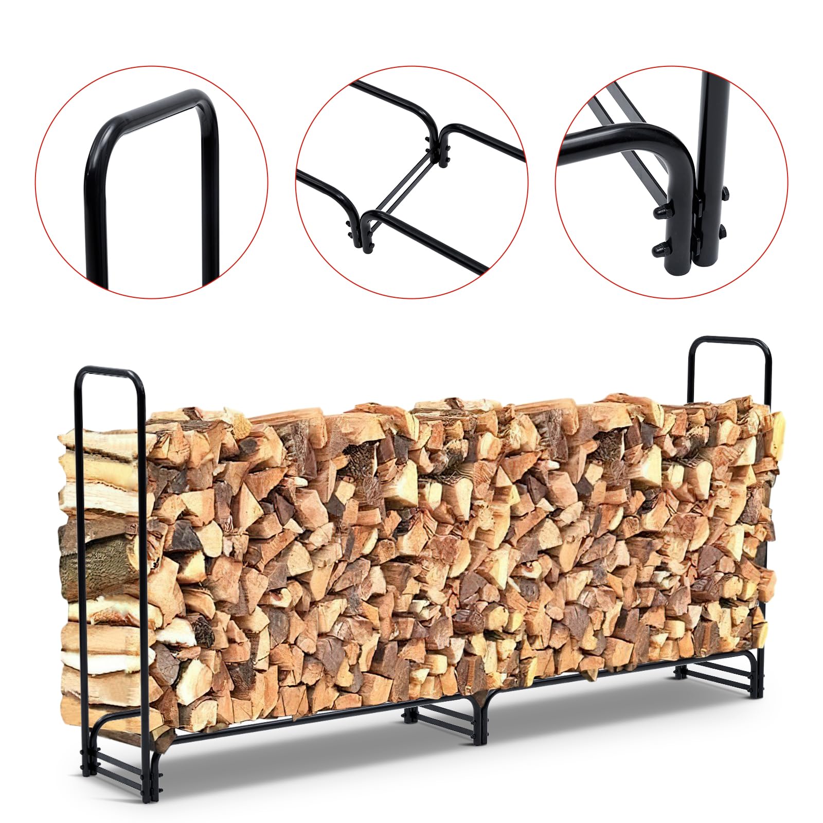 Portalegna da esterno Garvee da 8,5 piedi con copertura, capacità di 1/2 cavo, patio e giardino, acciaio, impermeabile, ventilato, doppi supporti, nero