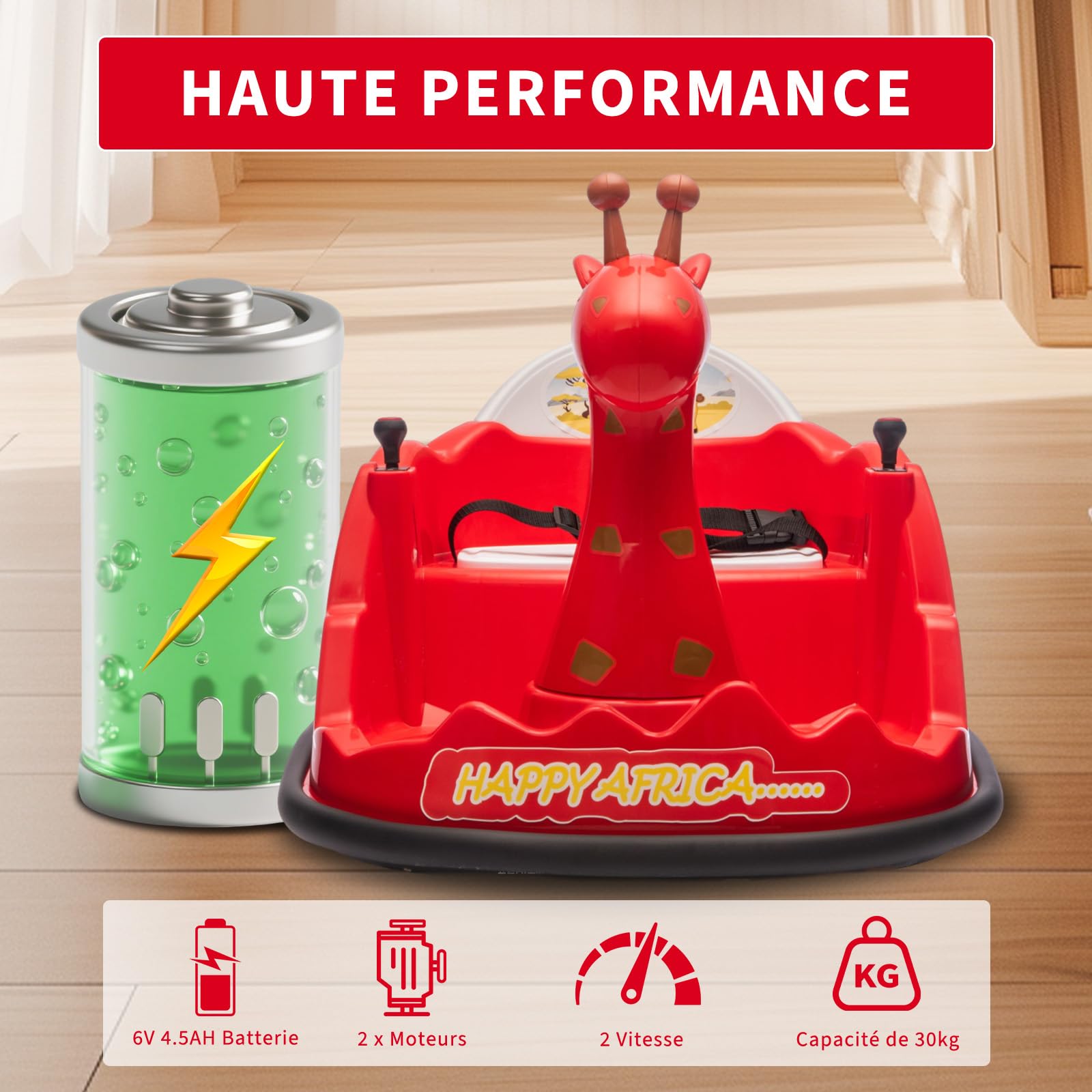 Auto elettrica per bambini Garvee Kids con rotazione a 360°, design a forma di giraffa, rossa con LED, per bambini dai 3 anni in su
