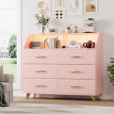 Garvee Cassettiera 6 Cassetti con LED RGB e Stazione USB, Maniglie Dorate, Legno Moderno, Rosa, per Camera e Soggiorno, 122 cm