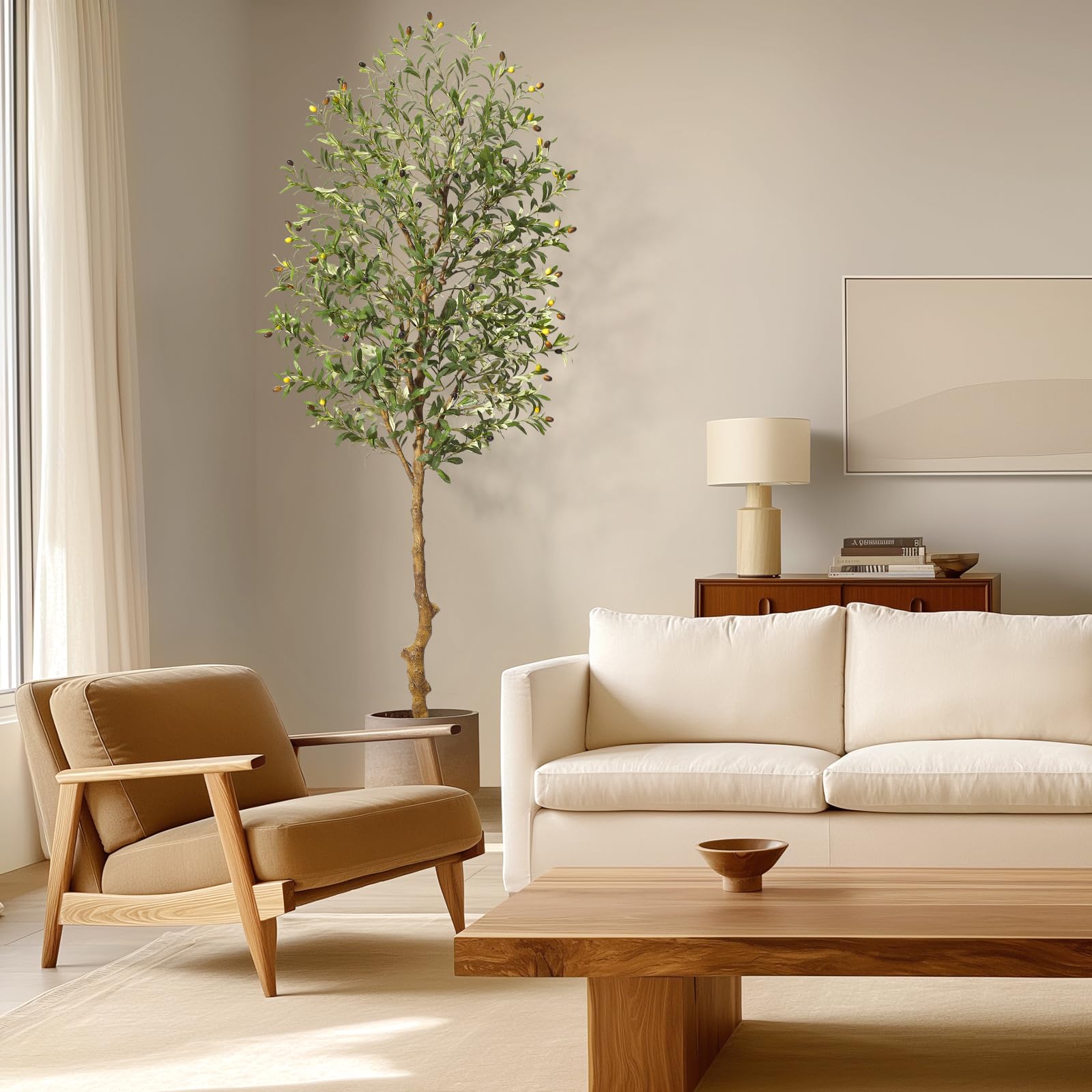 Albero di ulivo artificiale Garvee da 7 piedi con tronco realistico, foglie di seta e vaso di cemento stabile per l'arredamento del soggiorno e dell'ufficio, verde