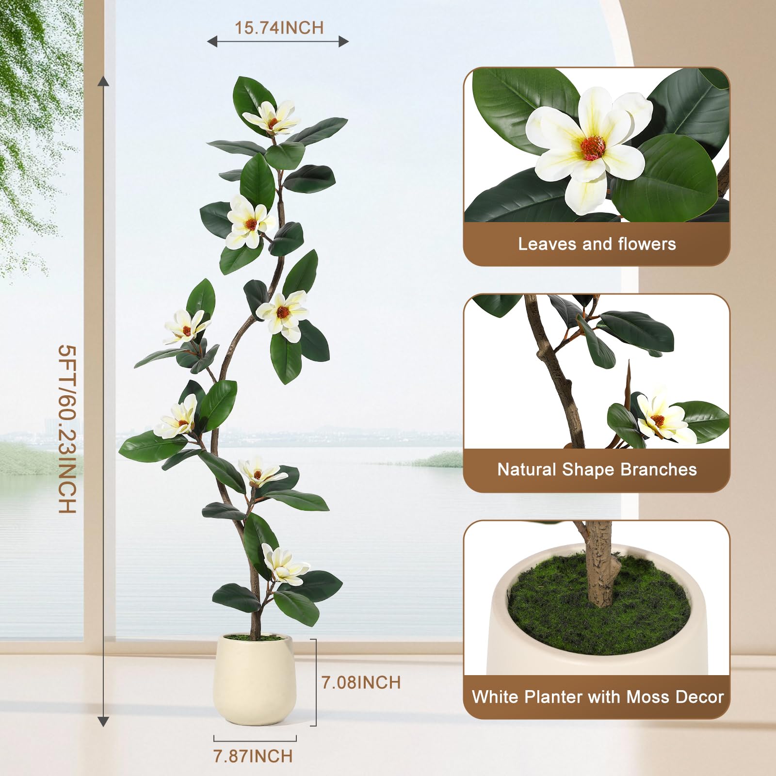 Albero di gomma artificiale Garvee da 5 piedi con fiori di magnolia, vaso bianco per ufficio e casa, stabile e durevole