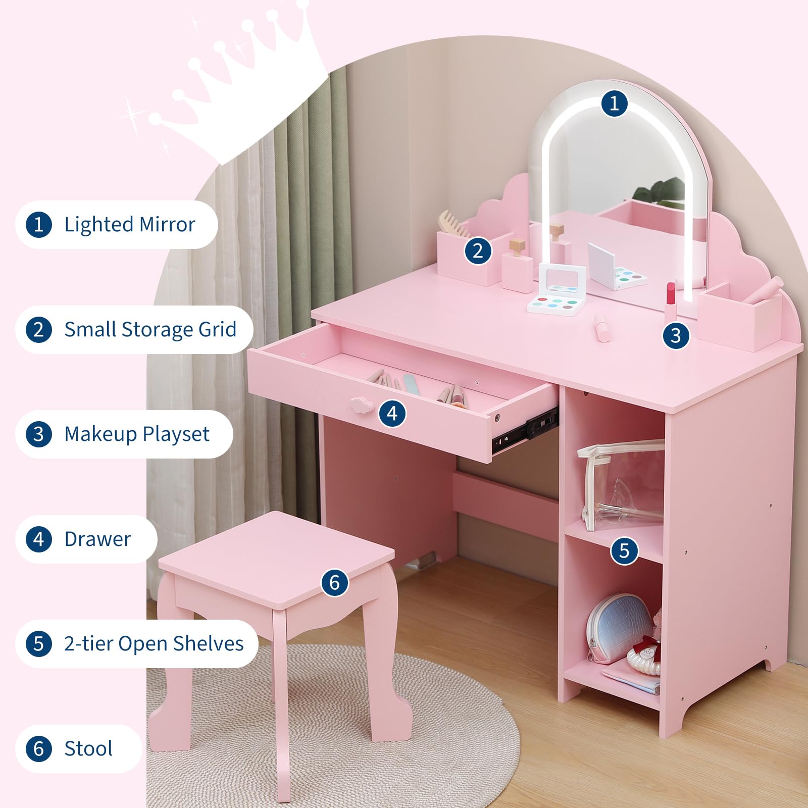 Tavolo da toeletta per bambini Garvee con luce LED e sgabello, regolabile, MDF, spazio di archiviazione, rosa, per bambine dai 3 ai 9 anni, sala giochi e camera da letto