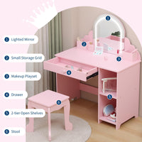 Tavolo da toeletta per bambini Garvee con luce LED e sgabello, regolabile, MDF, spazio di archiviazione, rosa, per bambine dai 3 ai 9 anni, sala giochi e camera da letto