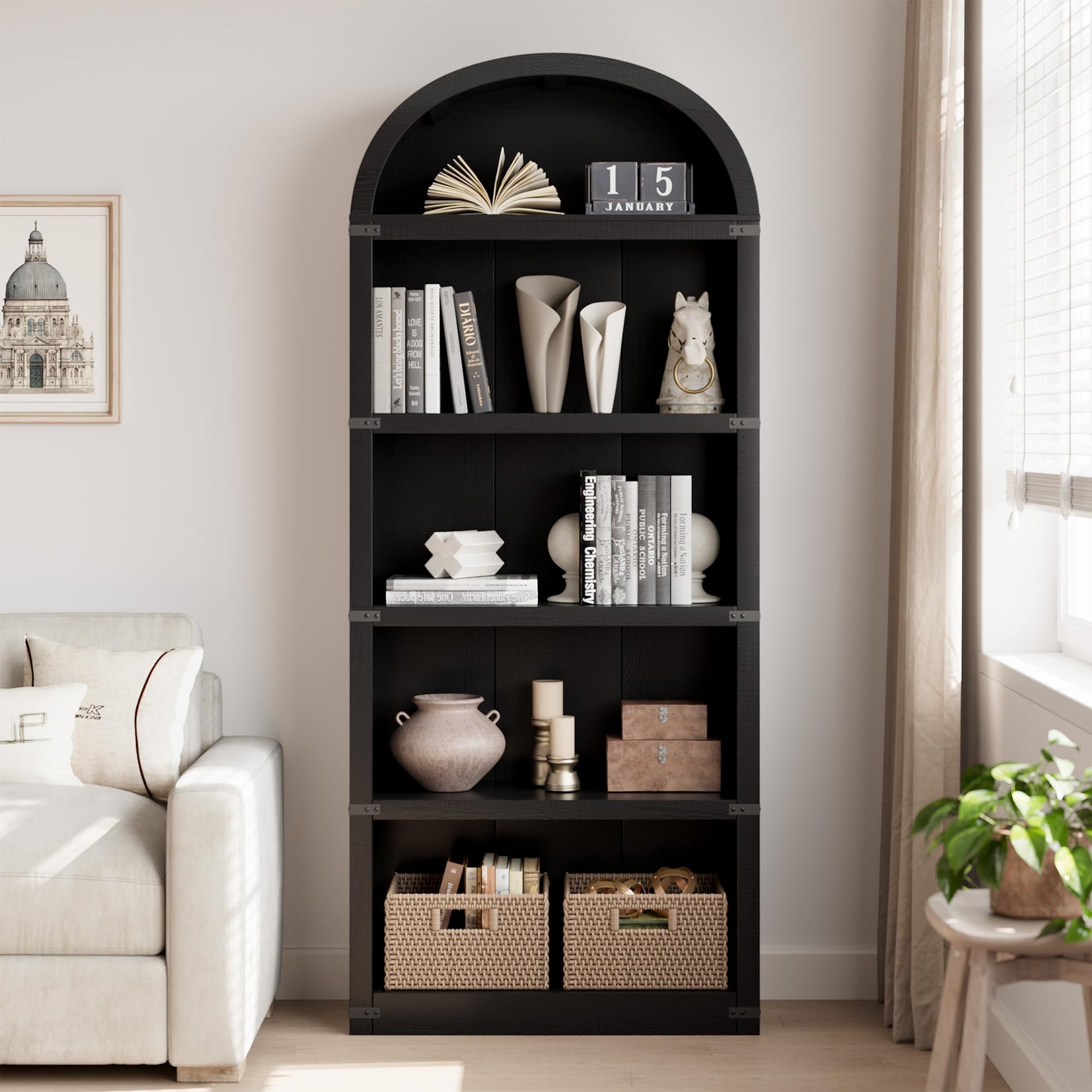 Libreria Garvee con 5 ripiani, stile fattoria ad arco, in legno con angoli in metallo, per soggiorno/ufficio, 71,65x29,92x11,88 pollici, legno naturale