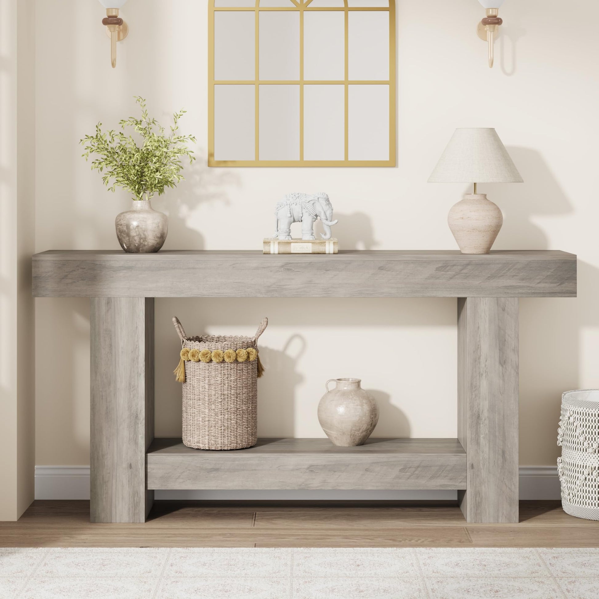 Tavolo consolle Garvee da 63" per corridoio, a 2 livelli, in legno robusto, stile rustico da fattoria, rettangolare, con spazio di archiviazione, soggiorno e ingresso, marrone