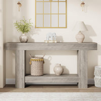 Tavolo consolle Garvee da 63" per corridoio, a 2 livelli, in legno robusto, stile rustico da fattoria, rettangolare, con spazio di archiviazione, soggiorno e ingresso, marrone