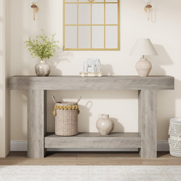Tavolo consolle Garvee da 63" per corridoio, a 2 livelli, in legno robusto, stile rustico da fattoria, rettangolare, con spazio di archiviazione, soggiorno e ingresso, marrone
