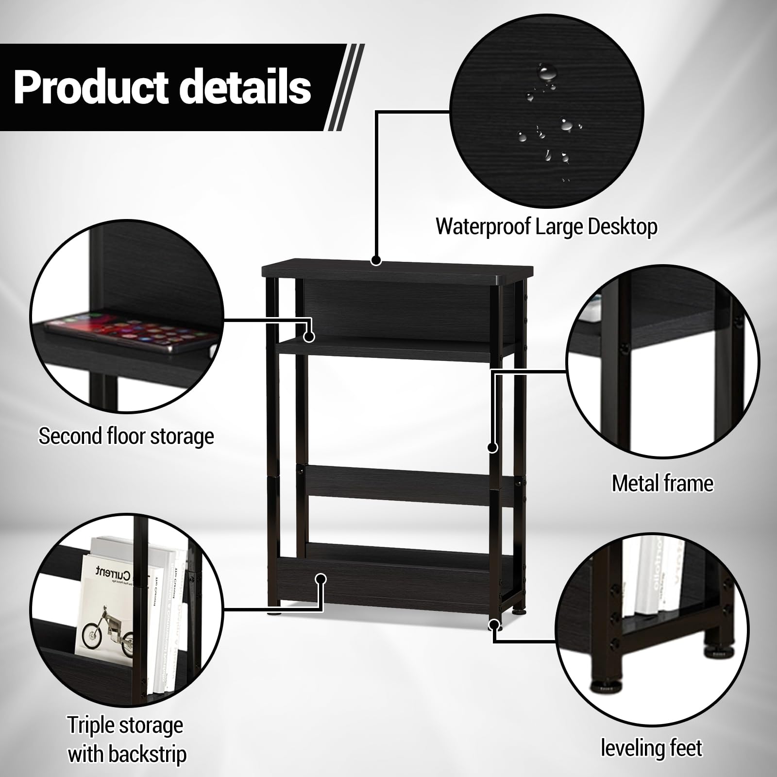 Tavolino laterale stretto Garvee, 3 ripiani con portariviste per soggiorno e camera da letto, 18,11x7,87x25,2 pollici, nero