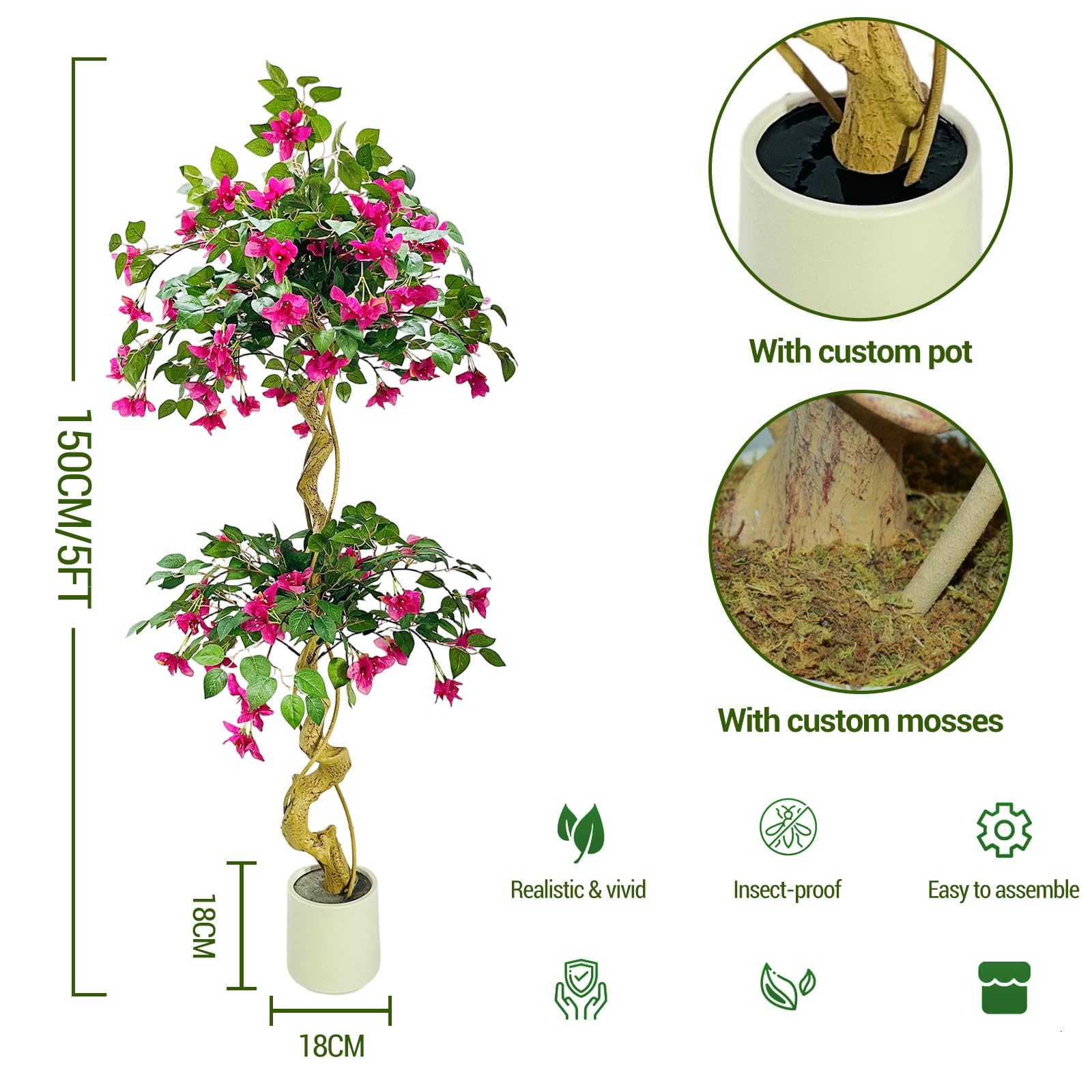 Albero di bouganville artificiale Garvee da 5 piedi con fiori rosa, seta, leggero e versatile per uso interno ed esterno