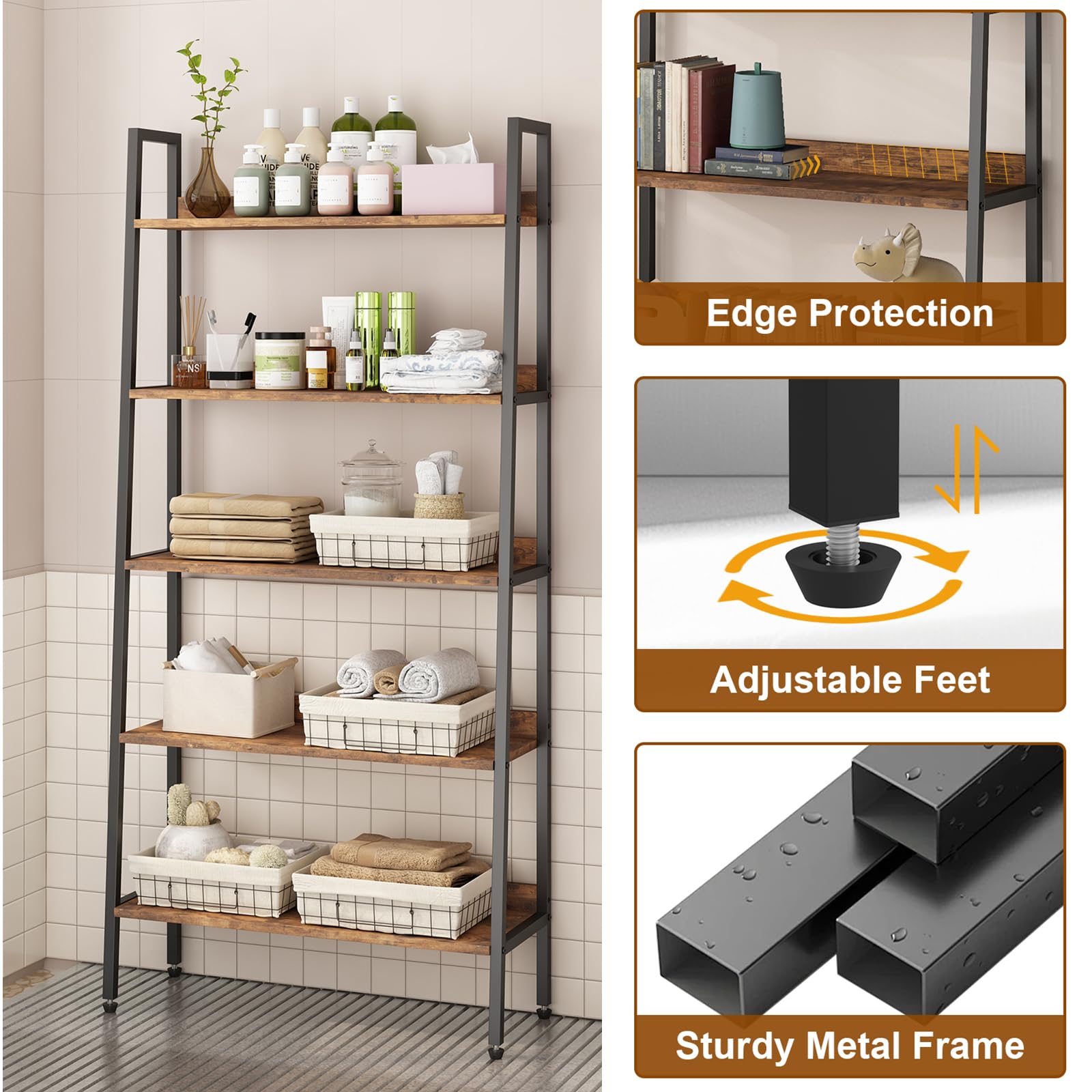 Libreria alta Garvee da 67" con 5 ripiani, struttura in metallo, marrone ruggine, stretta, per soggiorno, ufficio, cucina